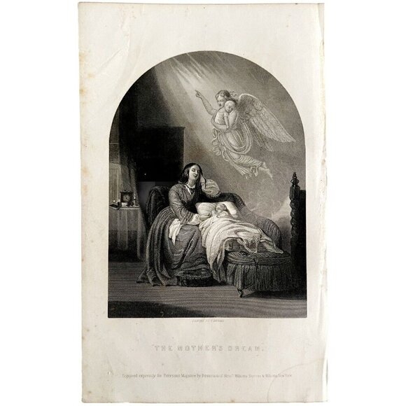The Mothers Dream Engraving 1859 Victorian Angel Carrying Child Art DWY5F - Picture 2 of 2